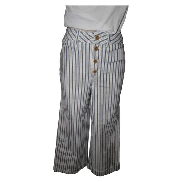 Madewell Striped Wide Leg Crop Pants Blue White Button Fly Cotton Linen Sz 26 - Picture 2 of 10